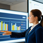 A professional businesswoman, wearing a modest business suit, stands in a bright, modern office. She is looking intently at a large, transparent digital display that shows abstract representations of customer segments, illustrated as distinct, color-coded clusters with subtle growth arrows pointing upwards. The background features blurred office equipment and warm lighting, conveying a sense of strategic decision-making and business success. safe for work, appropriate content, fully clothed, professional, perfect anatomy, correct proportions, natural pose, well-formed hands, proper finger count, natural body proportions, high quality photography.