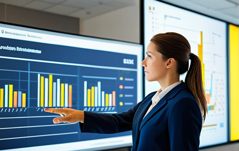 A professional businesswoman, wearing a modest business suit, stands in a bright, modern office. She is looking intently at a large, transparent digital display that shows abstract representations of customer segments, illustrated as distinct, color-coded clusters with subtle growth arrows pointing upwards. The background features blurred office equipment and warm lighting, conveying a sense of strategic decision-making and business success. safe for work, appropriate content, fully clothed, professional, perfect anatomy, correct proportions, natural pose, well-formed hands, proper finger count, natural body proportions, high quality photography.