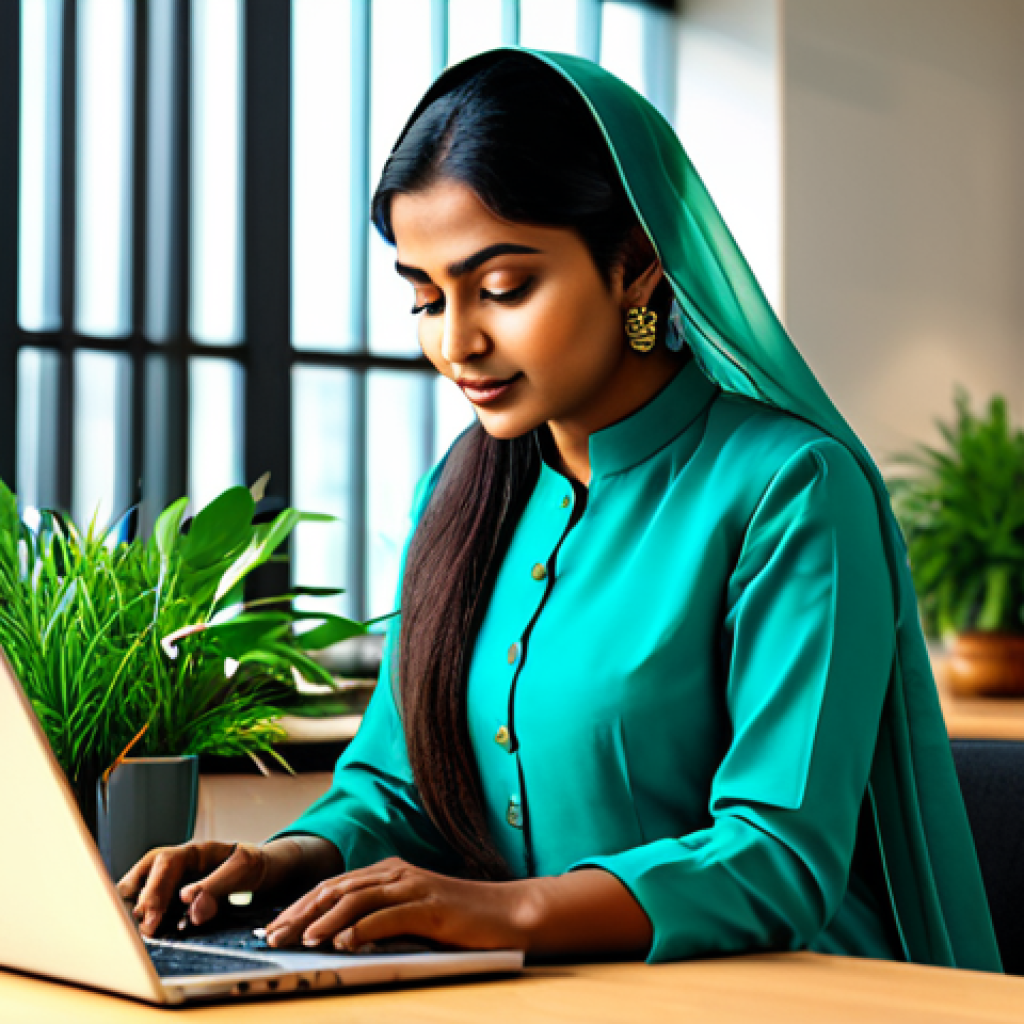 **
"A professional Bangladeshi woman in a modest, elegant salwar kameez, working on a laptop at a bright, modern office desk, surrounded by plants. Warm lighting. Safe for work, appropriate content, fully clothed, professional, perfect anatomy, natural proportions, high quality."
**