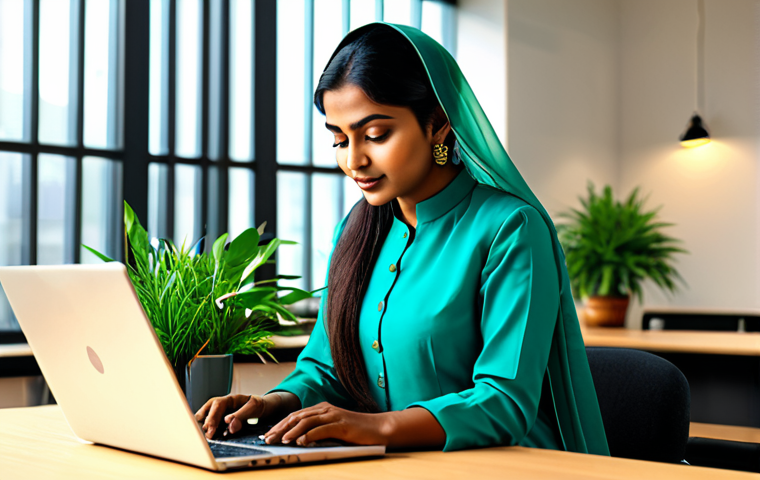 **
"A professional Bangladeshi woman in a modest, elegant salwar kameez, working on a laptop at a bright, modern office desk, surrounded by plants. Warm lighting. Safe for work, appropriate content, fully clothed, professional, perfect anatomy, natural proportions, high quality."
**
