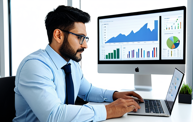 고객 데이터 분석의 ROI 측정 방법 - **Prompt:** A small business owner analyzing customer data on a laptop in a bright, modern office, s...