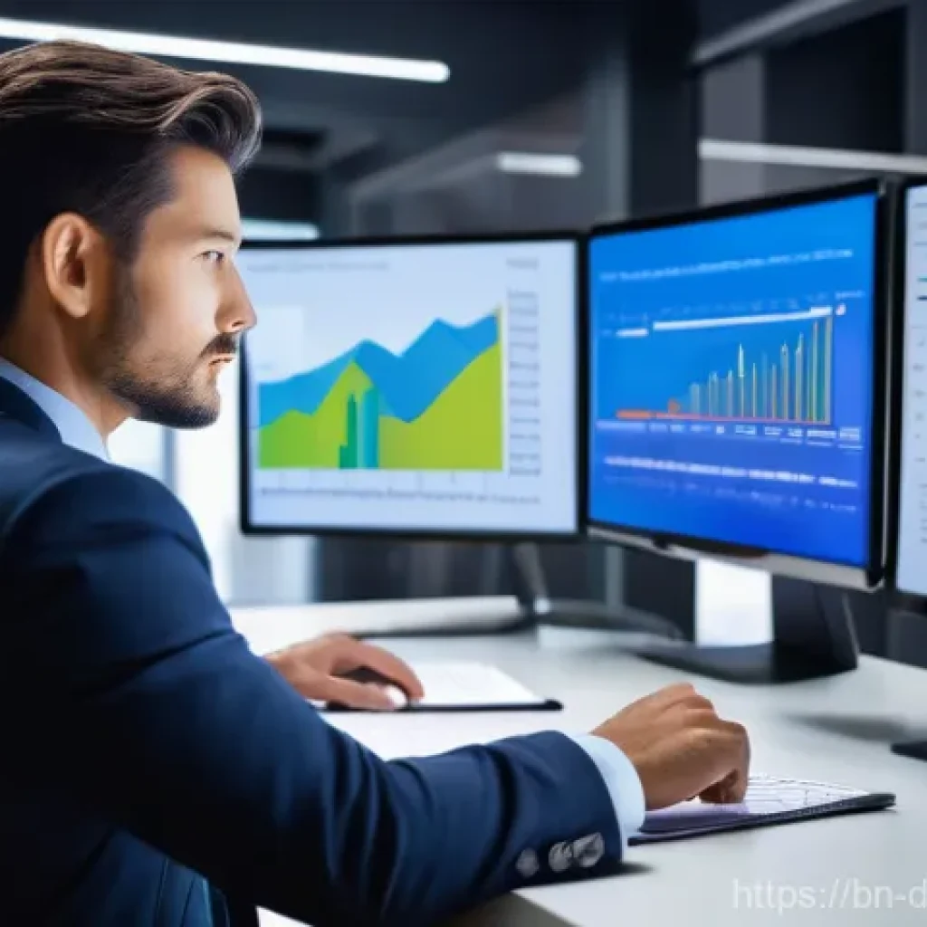 고객 데이터 분석의 시나리오 분석 - **A professional business person analyzing customer data for growth:** A dynamic, wide-angle shot of...