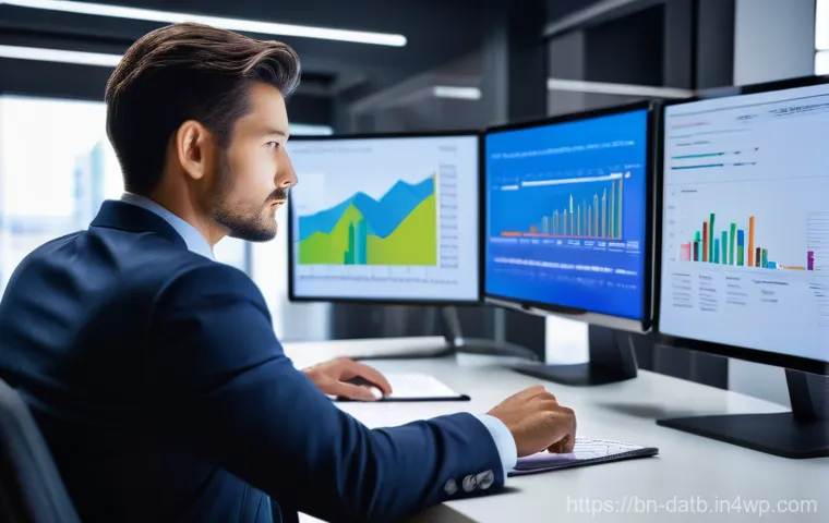 고객 데이터 분석의 시나리오 분석 - **A professional business person analyzing customer data for growth:** A dynamic, wide-angle shot of...