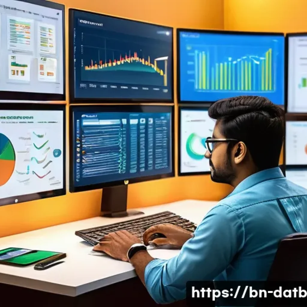 신규 고객 유치를 위한 데이터 분석 방법 - A detailed professional workspace scene showing a Bengali marketing analyst at a modern desk with mu...