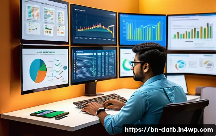 신규 고객 유치를 위한 데이터 분석 방법 - A detailed professional workspace scene showing a Bengali marketing analyst at a modern desk with mu...